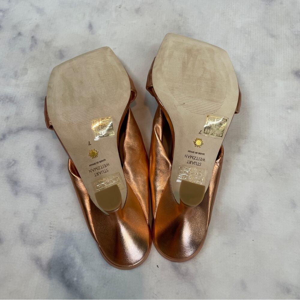 Stuart Weitzman Playa Metallic Knot Sandals Kitten Heel Mules Sz 7 - Picture 7 of 11